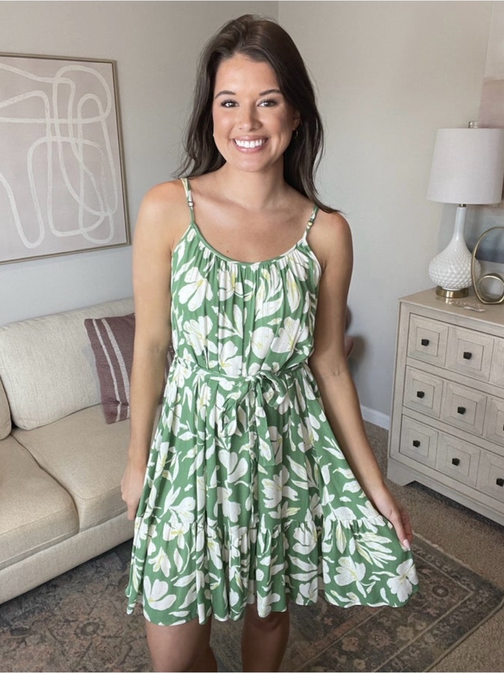 Green Floral mini apron sundress with waist tie